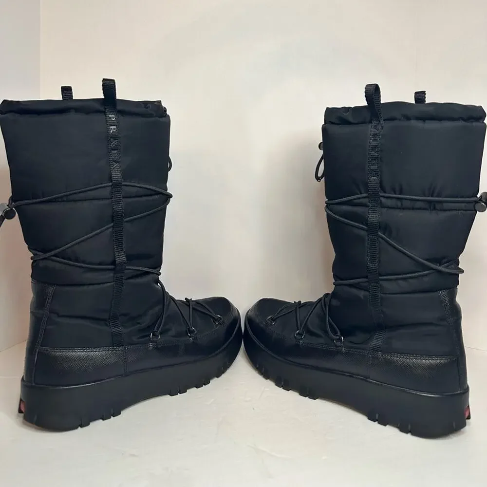 Prada Linea Rossa Saffiano Snow Boots Black EU 37.5 Nylon Mid-Calf Bungee Wrap